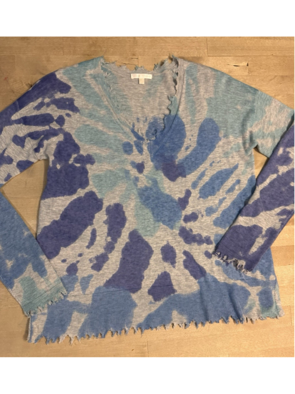 Lisa Todd Color Wheel Raw Edge V-Neck Sweater XS Blue Lagoon Tie Dye